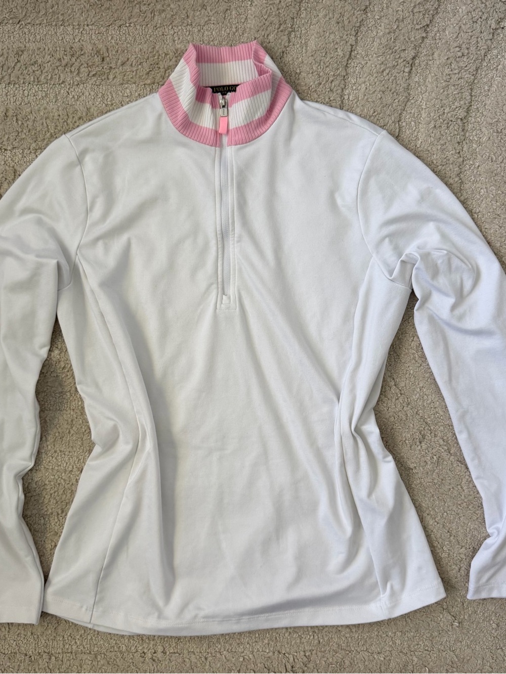 Ralph Lauren White Long-Sleeve Half-Zip Top with Pink Ribbed Collar